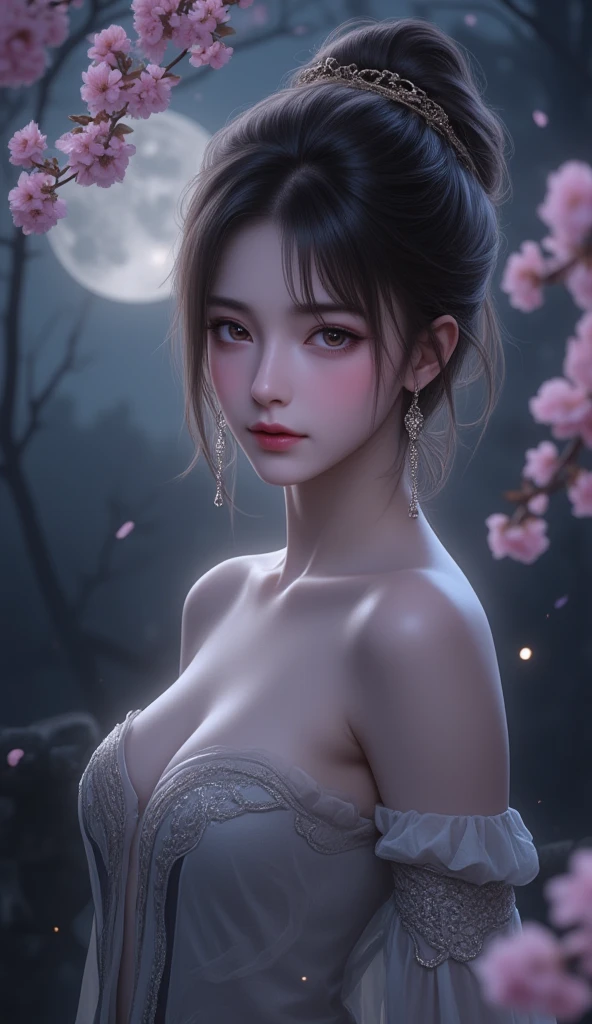 (masterpiece:1.2, Highest quality), (Realistic, photoRealistic:1.4), Ultimate beauty、mature、(Beautiful Features、Detailed lips, Beautiful eyes with attention to detail)、(Beautiful Teeth), blush, Captivating Gaze、masterpiece,(Highest quality,Hyper Detail)、 Natural Makeup,Looking at the camera、Looking up、alone,Cute woman in her 20edium breast、Short Bob Hair、(Bangs too)、Mysterious Beauty, Perching on the clouds, (Fantasy Illustration:1.3), Captivating Gaze, Seductive posture, The charm of another world, Mystical Sky, (Written by Luis Royo:1.2), (Yoshitaka Amano:1.1), ((moon 夜)), pastel colour, (Cloud Detail View:1.3), Outdoor、palace、 (Detailed catsuit、Gingham check pleated mini skirt、Lace frilly panties、Black Choker、Earrings、(topless:1.6)), Side Lock, (Midnight background, full moon、Fantasy、cherry blossoms、petal)、(Wet hair、Wet skin:1.3)、(Semen is on it:1.5)、(Extra Bust Up Shot:1.2)、(Shot from above)、(I'm worried、Open your mouth:1.2)、(Wave your hand)