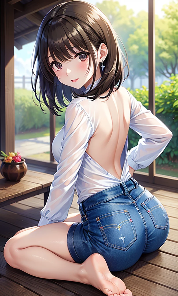 One Woman, alone, middle aged, Beautiful woman、I could see the whole body、 ((short hair)), ((Brown eyes, Beautiful eyelashes, Realistic eyes)), ((Detailed face, blush:1.2)), ((Smooth texture:0.75, Realistic texture:0.65, Realistic:1.1, Anime CG style)), Glamorous Body, Big Breasts, Dynamic Angle, Perfect body, ((Purple transparent blouse, Red mini skirt))、(Hotel stairs)、the wind is strong、(Very embarrassing panic smile)、looked back、I can see her ass sticking out in front of me......、Angle looking up from the bottom of the stairs、 (((I can see your whole ass、Pink floral panties)))、((Tabletop, Highest quality, High resolution, Pixel Perfect, 4K,))),