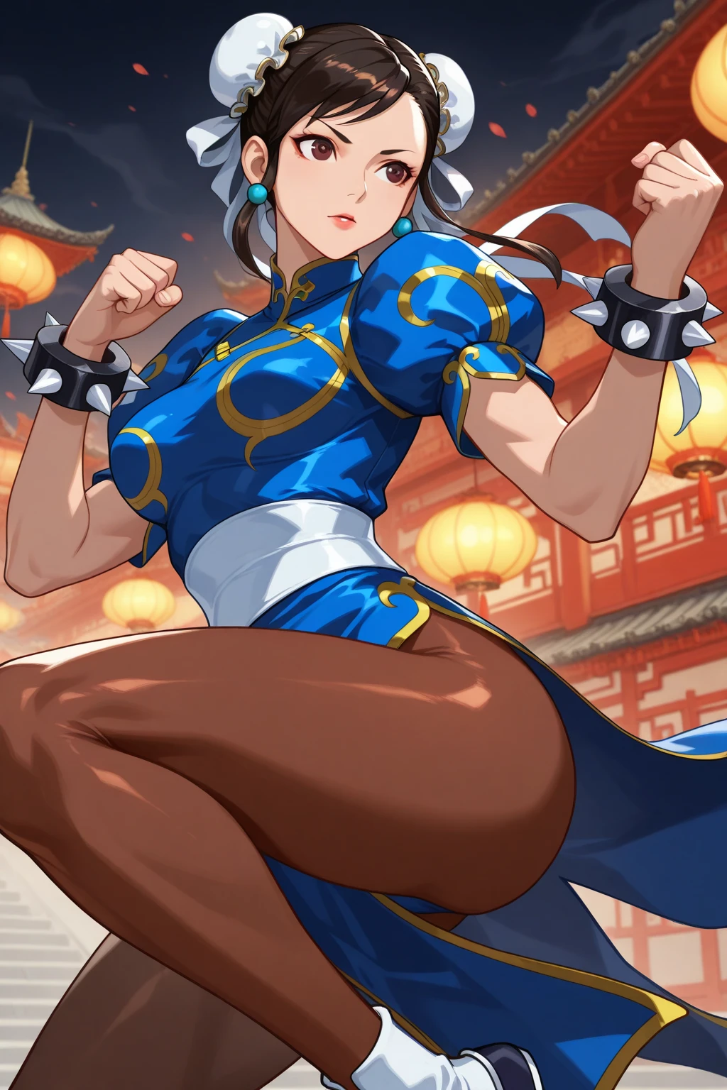 chun-li from street fighters series , white panty , kick in the streets , dragon background , perfect eyes ,
