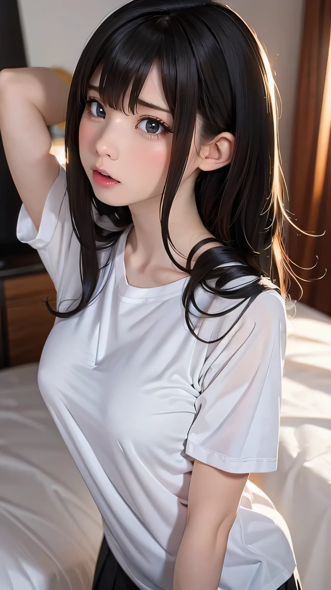 white skin,long hair,big breasts,open flowing t-shirt,shy