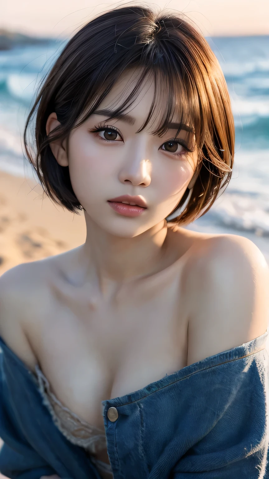 Photorealistic、Masseter muscle area、Highest quality、High resolution、RAW Photos、Realistic、Bright lighting、Face Light、Smooth Professional Lighting、alone、Japanese women、Half beautiful、Adult female、Beautiful woman、Modeled、so beautiful、Realistic skin、Realistic face、Beautiful Eyes、Big eyes、Brown eyes、Inconspicuous tear bags、slim、Medium sized big breasts、short hair、Brunette Hair、looking at the camera、fun、Happy、Camel Toe、Cowboy Shot、Gold Micro Bikini、At the Beach