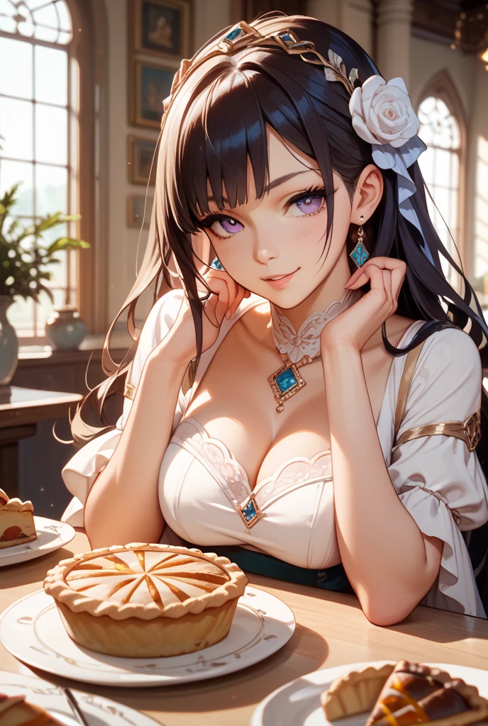 ((((((A young woman))), the anime, ( Green eyes), (black  hair), Nice face, ssmile, sports body, big breastes, hairlong, Wavy Hair , (((morena))), ((tmasterpiece, beste-Qualit)), illustartion, Ультра деталпазированная 8k, Photorealistic, sharp-focus, higly detailed, Professional lighting, casual wear, gala wear, Family celebration, birthday party, a cake, candle lights, table with food, Guests, children , Child's birthday, taw, Gifts, toys