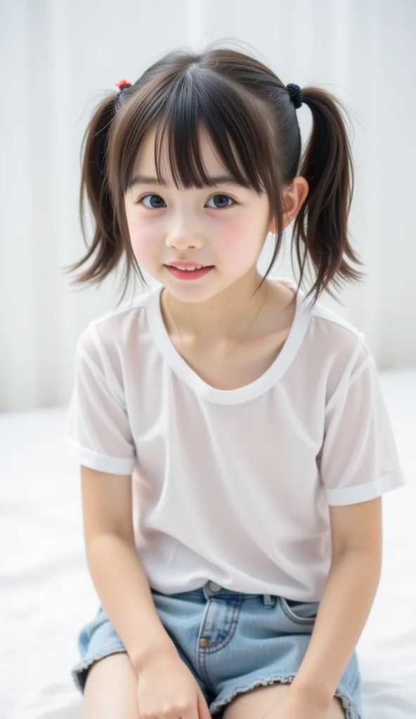 Japanese,6 years old,Baby Face、Ultra-flat chest、Ultra short height、An innocent smile、Flat Chestのクローズアップ、Flat Chest:1.85、cute,Primary school students,Pink Apron、Summer clothes、So small and so young、On the bed:1.85、She gives me good morning kisses:1.85、She spread her arms