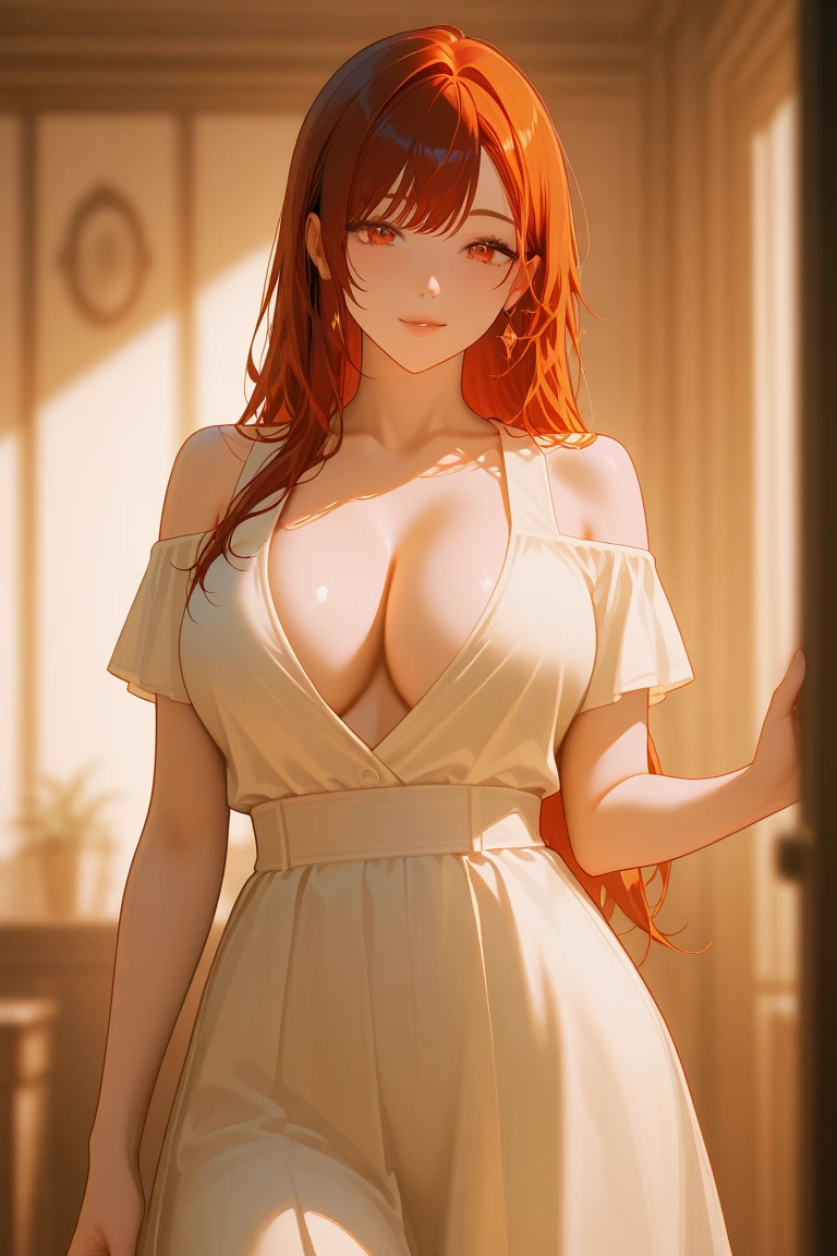 Full body photo, highest resolution, based on real physical rendering, professional lighting effects, casual pose, (extreme art), (masterpiece), red eyes, one girl, girl in white ruffled dress, high detail, clear waist, braid, smile, charming look, red eyes, black hair, clear and beautiful eyes, exquisite necklace, (ruffled dress), Elaborate earrings, (((red hair)), fairy ears, simple blurred background, very detailed description, beautifully charming, exquisite paint, exquisite face, exquisite figure, exquisite collarbone, lovely lips, beautiful breasts, soft back, mix4, (8k, RAW photo, top quality, masterpiece): 1.2), (fidelity, fidelity: 1.37), 1 girl, cute, cityscape, night, rain, wet, Based on professional lighting, photon mapping, radiosity and physical rendering