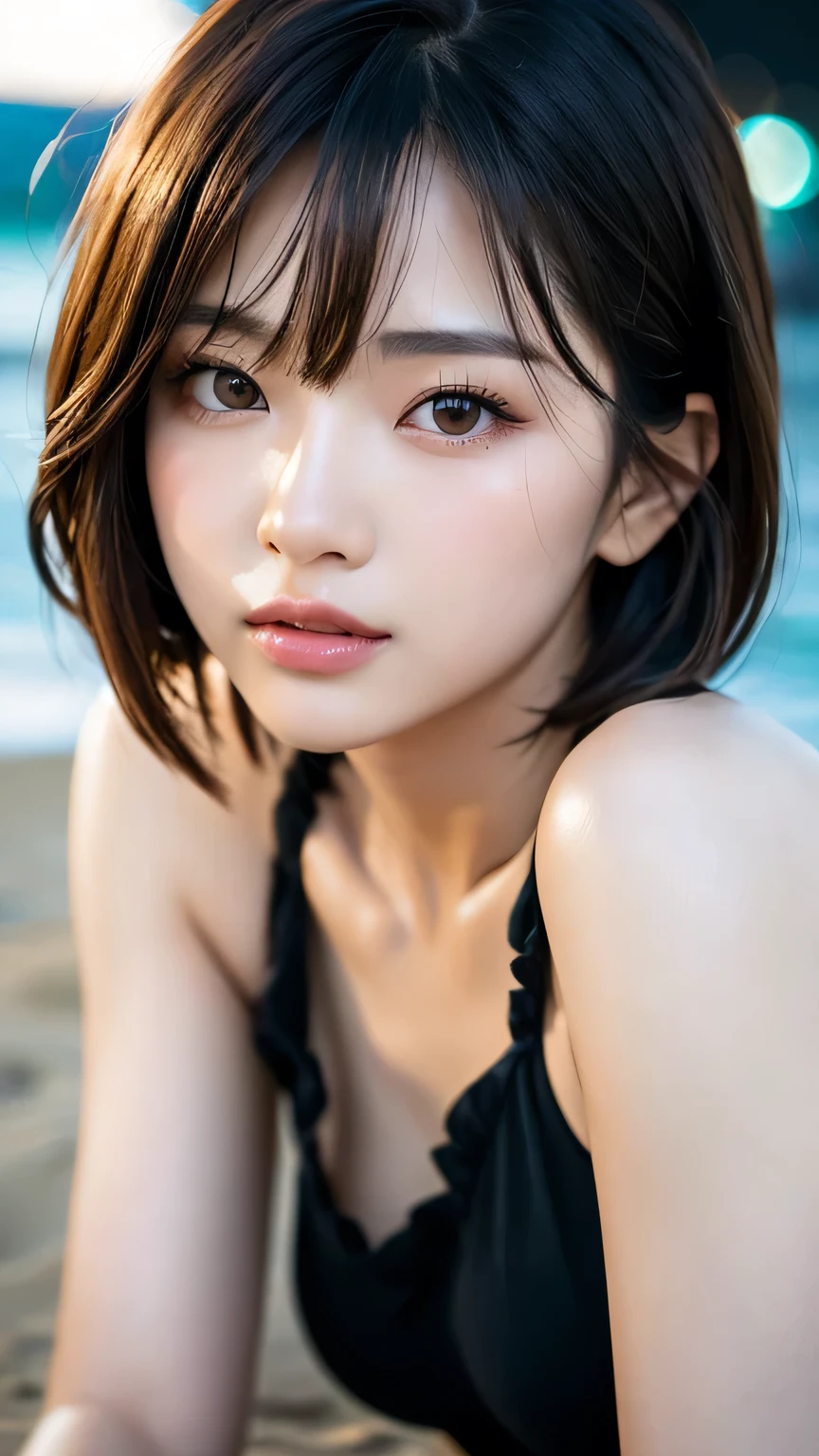 (best quality: 1.5), (realistic: 1.5), (1 person: 1.5), (crawling position), (all fours), seductive pose, very detailed, so-so, high resolution, 8k wallpaper, perfect dynamic composition, top body, small breasts, natural colored lips, cute smile, Japanese woman, 20 year old girl, beautiful and elegant face, perfect and beautiful face, beautiful and okay eyes, big eyes, brunette Eyes, beautiful and elegant face, perfect and beautiful double eyelids, natural bangs, beautiful and thin nose, beautiful skin, chestnut brown hair, medium bob hair, short cut hair, natural bangs, perfect and beautiful face, slim face and Style, (looking at camera), bright lighting, professional lighting, front lighting, natural smile, beach, micro bikini, beautiful collarbone, beautiful cleavage,