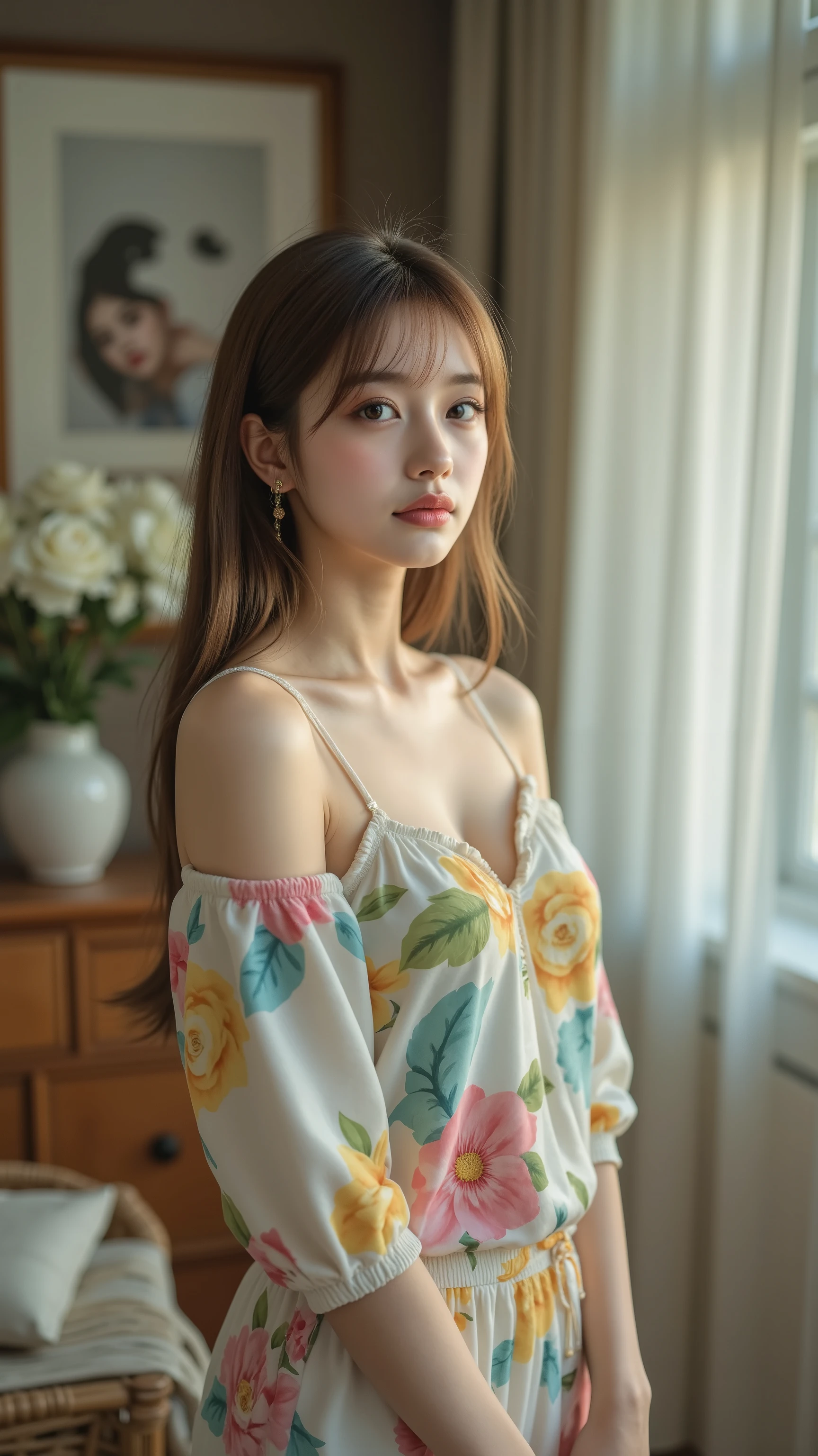 Girl standing in the living room wearing colorful , Charming Girl, Cute Girl, detailed digital art, cute realistic, (、 cleft)、Gwyds, do, 4K at its best、beautiful girl with  and mouth, artwork in the style of Gwyds,  Smooth CG Art , (Detailed Handshake:1.3, Perfectly Right Hands:1.3), (Detailed Eyes and Faces:1.2), (perfect :1.2), (top quality, best quality, 傑do), photoreality, Ultra High Definition