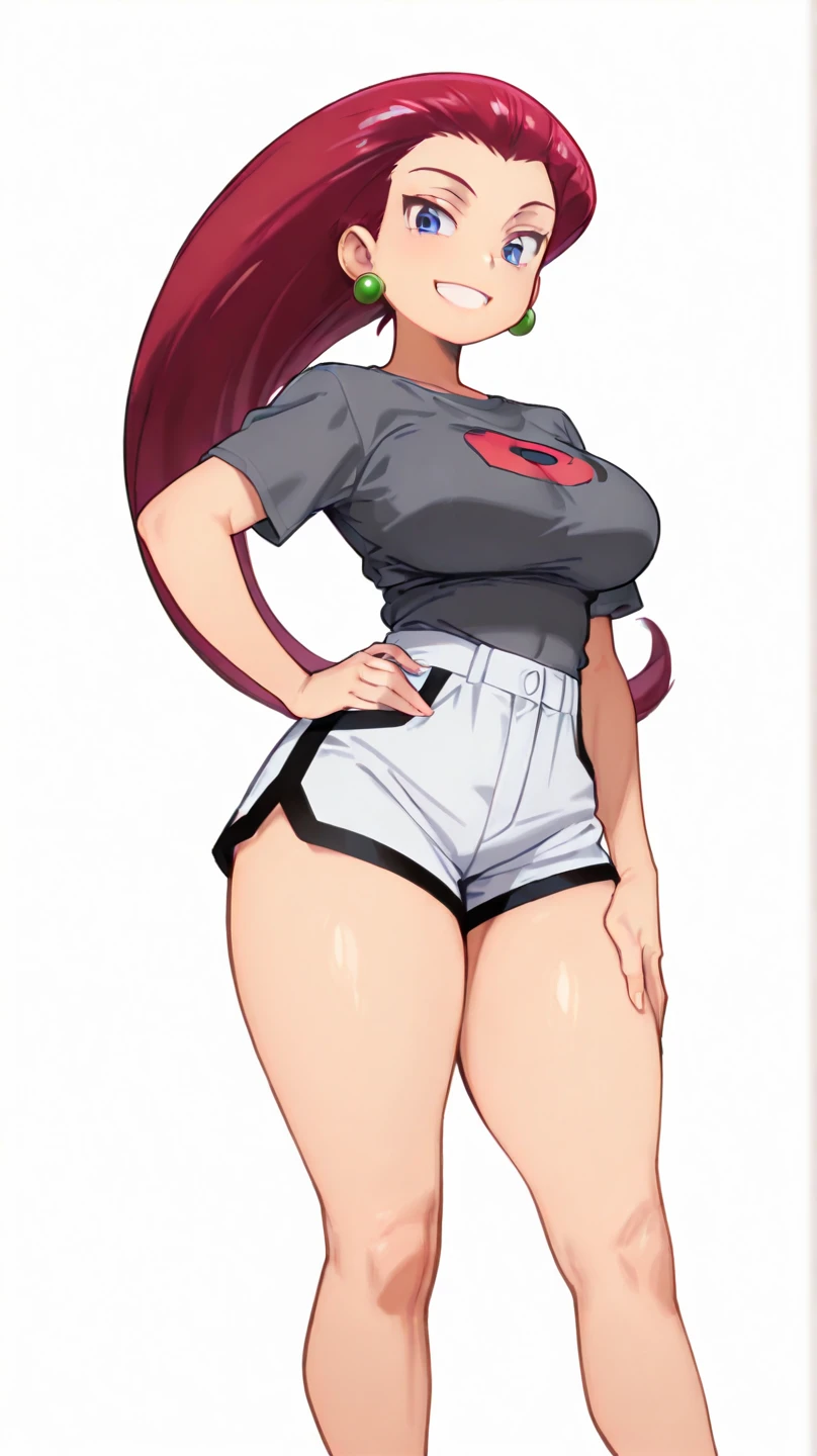 A sexy pirate girl with a big breast, long wavy purple hair, her brown eye, wears a green bra with a white stripe, shows a navel, a sexy wide curve, and tight black pants, a big thigh, a sensual red heel.
