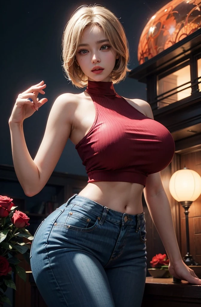 (1girl),large breasts, breasts, tan, dewy skin, maroon dress, Chinese, cleavage, sweaty skin, lady part, Pubic region, wavy blonde hair, punk tshirt, punk girl, dark hair, transparent