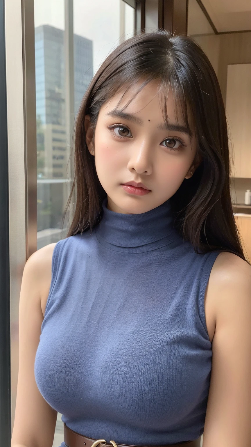 Japan neat and clean women、High Neck Sleeveless Knit Dress、Front facing、The sleeves are open and her breasts are visible.