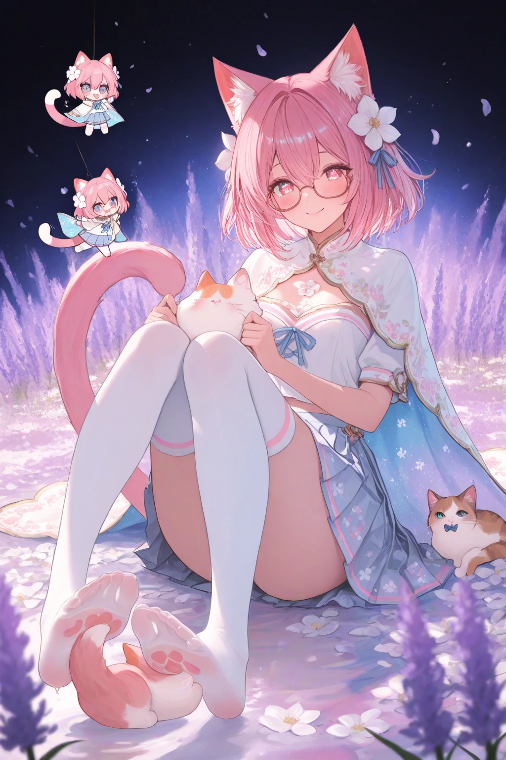 1 girl in, unique, Pink hair, Butterfly hair decoration,Breast size D, thick cut, pink cat, cat girl taking a bath, full body, sprays