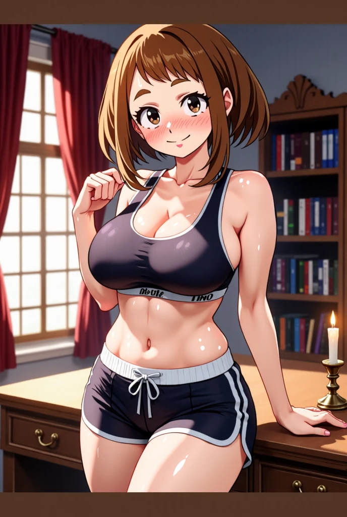 (((kipteitei art))), ((masterpiece)), (((best quality))), ((ultra-detailed)), (((illustration))), detailed face, detailed body, ultra cute face, (((1girl))), ((solo)), ((Line art)), (in the style of cell shaded), (vivid colors), skindentation, medium hair, brown hair, ponytail, blue eyes, (((fluffy hair))), looking at viewer, frustrated look, nervous, blush, ((white crop top)), jeans, tight jeans, small breasts, cleavage, perky breasts, wide hips, thick thighs, thigh gap, soft belly, dynamic angle, dynamic pose, table full of books, library 20 year old girl,
