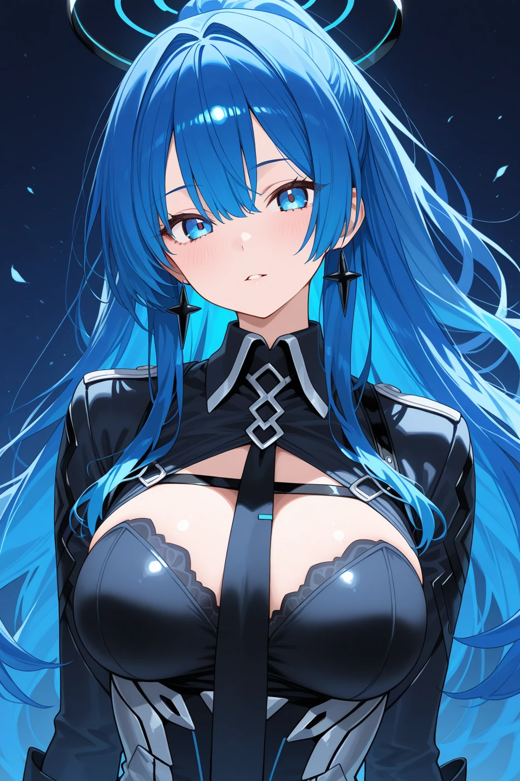 Best Quality, Masterpiece: 1.2, Ultra Detail, (Portrait), 1girl, Long hair, pink eye, level view, blue hair, blue eyes, huge breasts