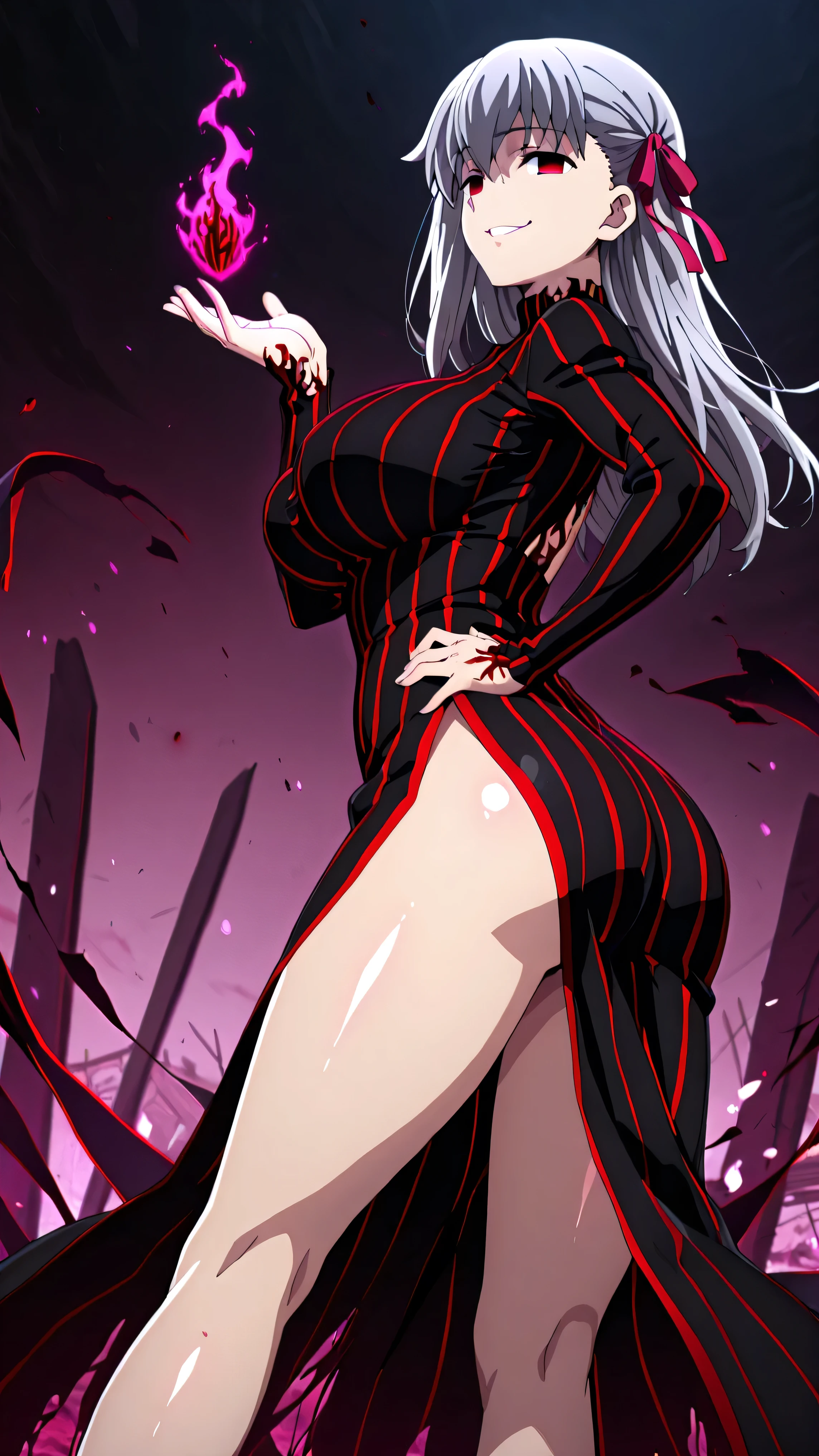 1girl, solo, ,matou sakura , Dark Persona , corruption, striped dress, Black Dress, Turtleneck, gray hair, Red Eyes, , ,ufotable style, ufotable anime.big breasts、big ass、straight long hair,high resolution, masterpiece, necessary, detail, best quality, quality, necessary, details, High details, front view, , standing, evil look, smug smile,one hand on hip, showing the ass, agirl,(shiny skin:1.3),looking at viewer,