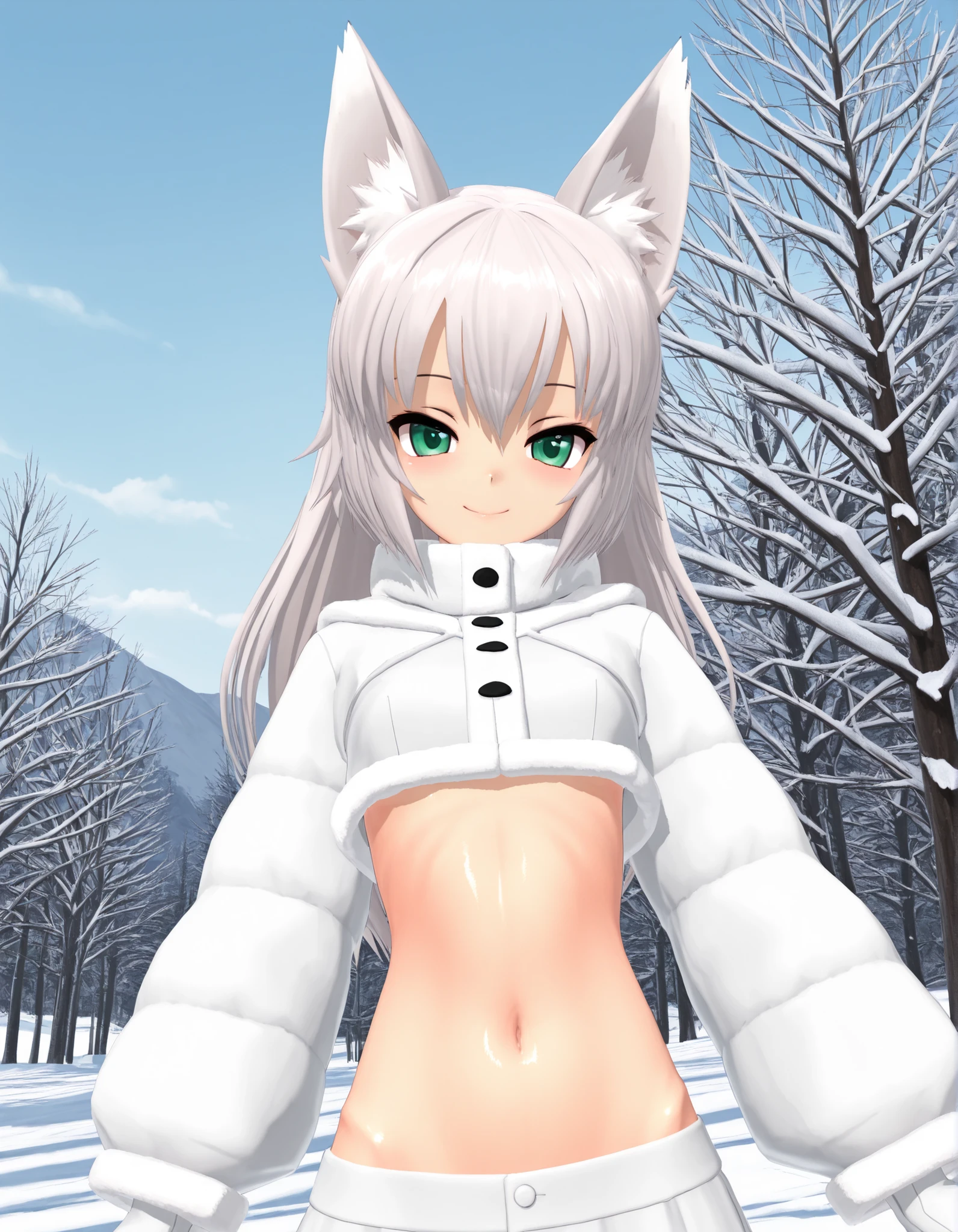 (superflat, flat shading, flat colors:1.1), wide angle, 2girls, little kid, 10yo, small breast, white hair, (white fox ears), (white fox tail:1.2), (white sports bra with black panties), smile, blush, eyes closed, bare feet, standing on snow, stretching, doing exersizes, winter forest, bright sunlight, white, best shadows, watercolor,