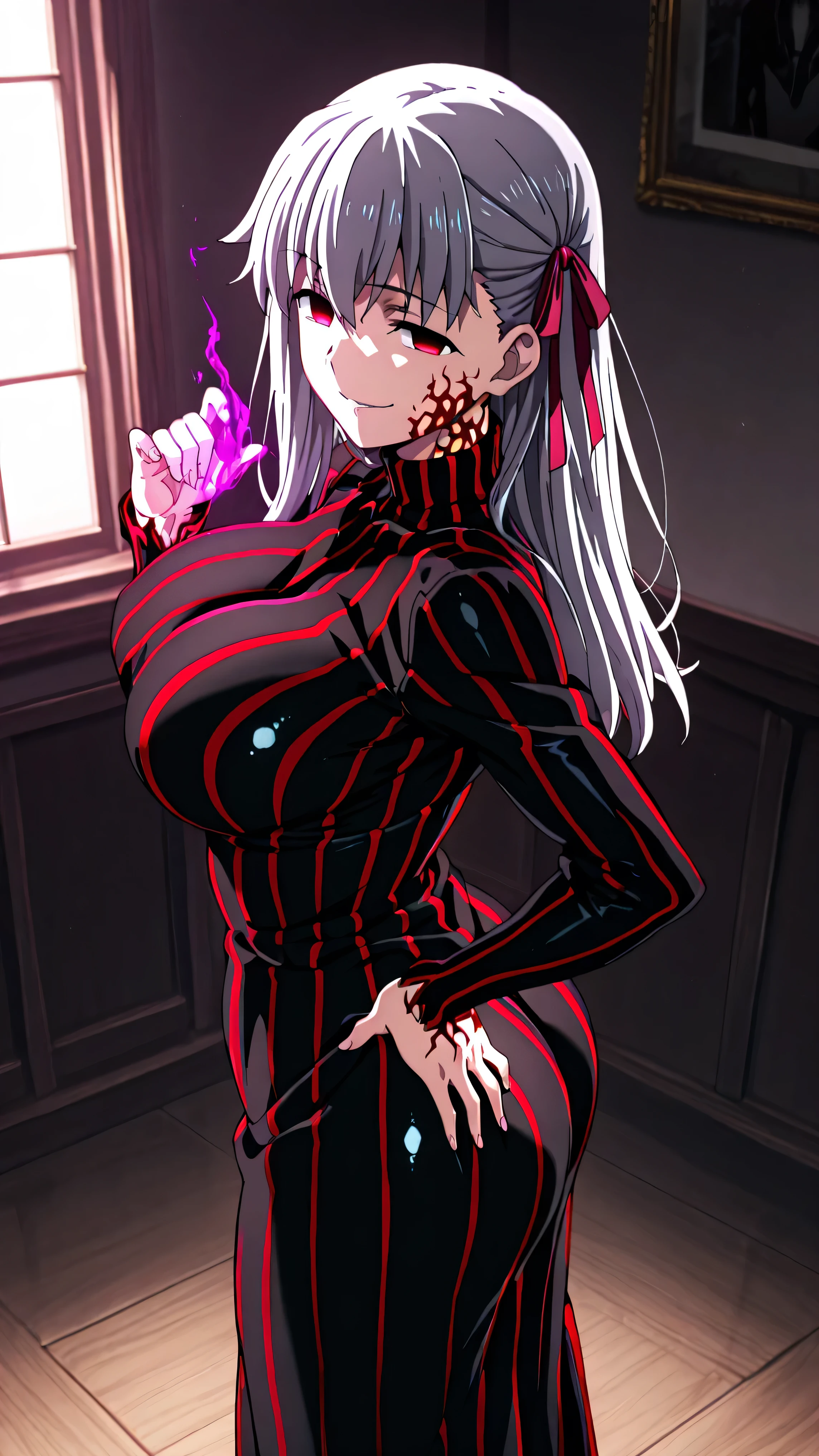 1girl, solo, ,matou sakura , Dark Persona , corruption, striped dress, Black Dress, Turtleneck, gray hair, Red Eyes, , ,ufotable style, ufotable anime.big breasts、big ass、straight long hair,high resolution, masterpiece, necessary, detail, best quality, quality, necessary, details, High details, front view, , standing, evil look, smug smile,one hand on hip, showing the ass, agirl,(shiny skin:1.3),looking at viewer,
