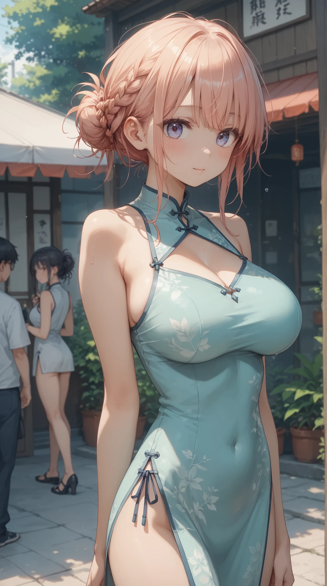 (masterpiece, top quality, best quality)、photoreality、Ultra High Definition、girls, Chinese dress、cute dress、slim hip、thin tights, summer, living、Sunshine, high resolution, Super Detailed、(Blush、Staring fascinatingly )、(、 cleft)、((Messy Hairstyle))、(perfect )