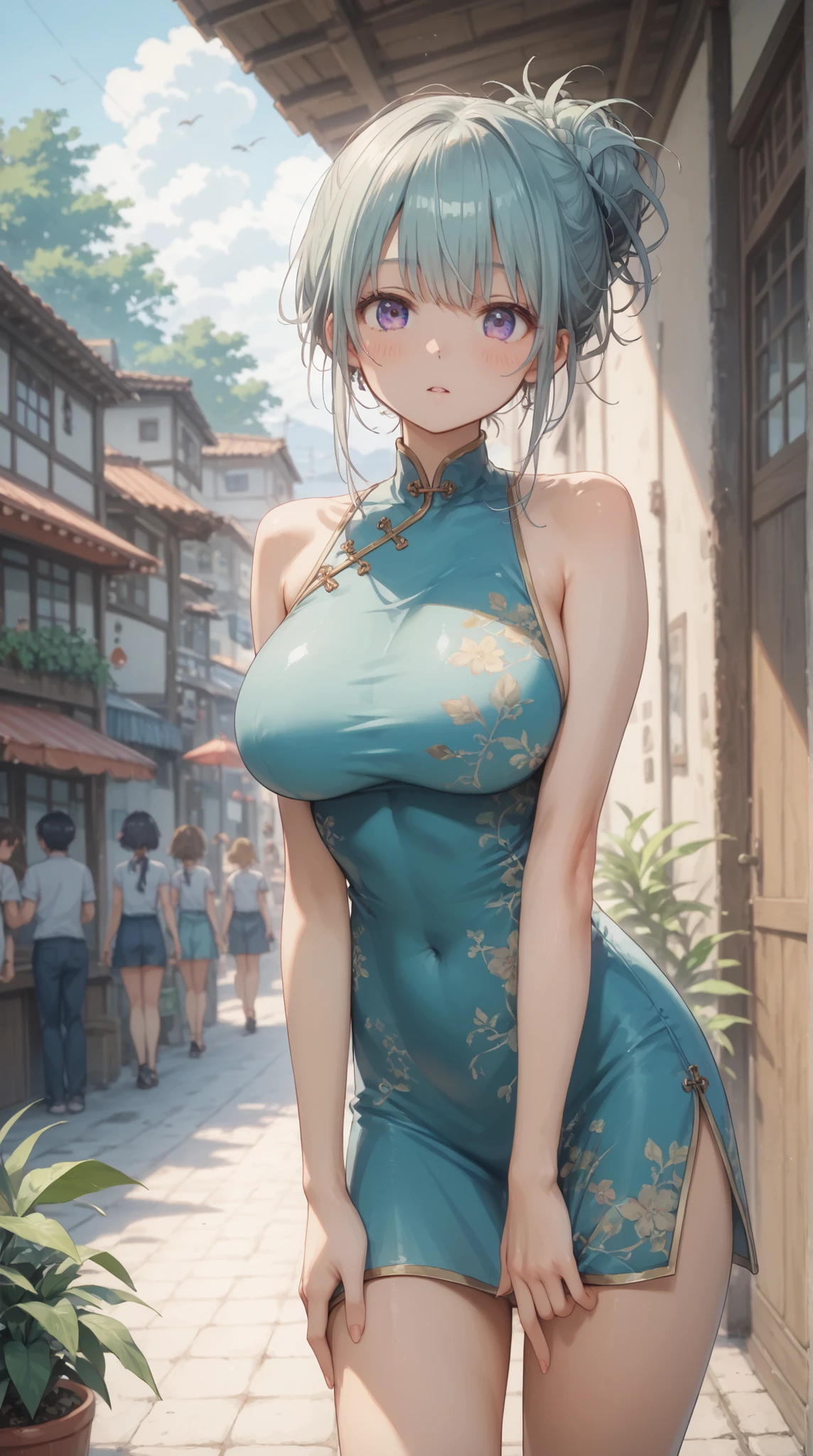 (masterpiece, top quality, best quality)、photoreality、Ultra High Definition、girls, Chinese dress、cute dress、slim hip、thin tights, summer, living、Sunshine, high resolution, Super Detailed、(Blush、Staring fascinatingly )、(、 cleft)、((Messy Hairstyle))、(perfect )