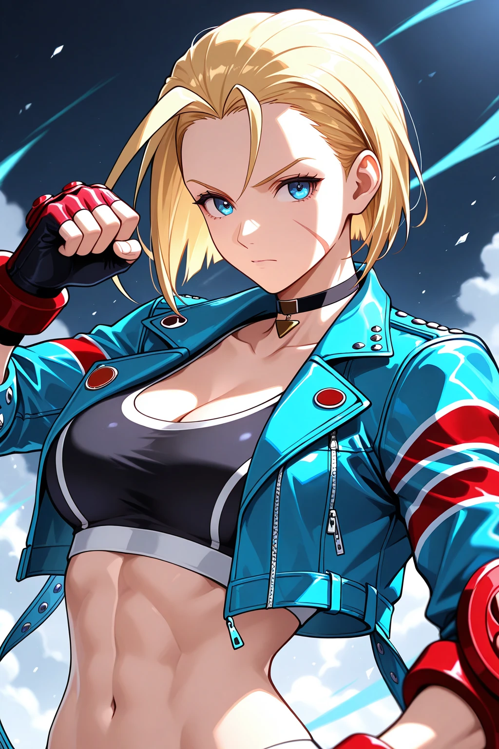 ((highest quality)), ((masterpiece)), (get used to it:1.4), 3D,HDR (high dynamic range),ray tracing,NVIDIA RTX,super resolution,unreal 5,scattered under the water,PBR texturing,Post-processing,anisotropic filtering,Depth of written boundary,Maximum clarity and sharpness,multilayer texture,Albedo and specular maps,surface shading,Accurate simulation of light-matter interactions,perfect proportions,octane rendering,two-tone lighting,wide aperture,Low ISO,White balance,Rule of thirds,8K RAW, Limited to one woman, (look up) From above, BREAK ((hentai doggystyle)), cammy white, short hair, antenna hair, blue eyes, scar on cheek, large breasts, black choker, collarbone, blue jacket, cropped jacket, open jacket, sports bra, midriff, fingerless gloves, black gloves, black pants