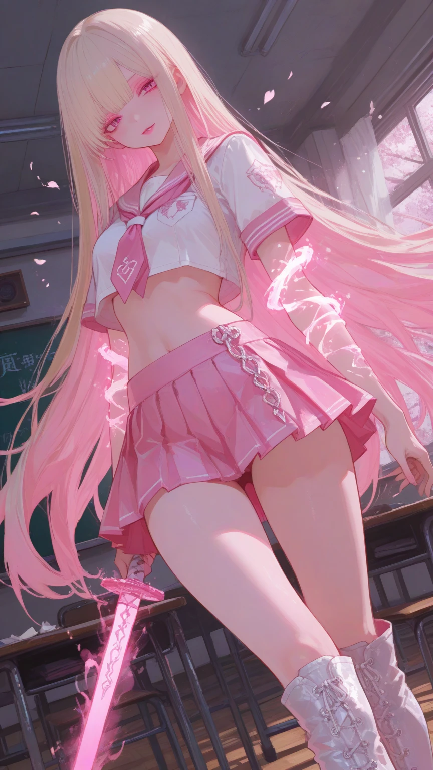 the night，raining day，15 year old Japanese girl，broad chest，long pink  hair,big pink eyes，Light pink miniskirt，White wet shirt, weeping，Shed tears，Pink stockings，Pink panties，Whitening skin，The skirt was blown up by the wind to reveal the panties，