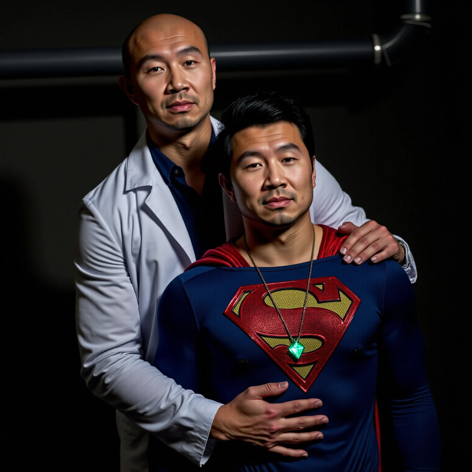 50yearsold，Hidetoshi Nakata，（Kogoro Mouri 1.3），Shirtless，Tong，Bulge，office room，black long socks，Thin，musculature，lbeard，fortitude，artwork of a，tmasterpiece，k hd，ssmile，Superman costume，Kneeling，two guys，