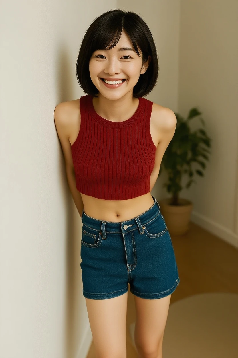 asian, glasses, topless, pencil skirt, smile, sexy pose, short hair