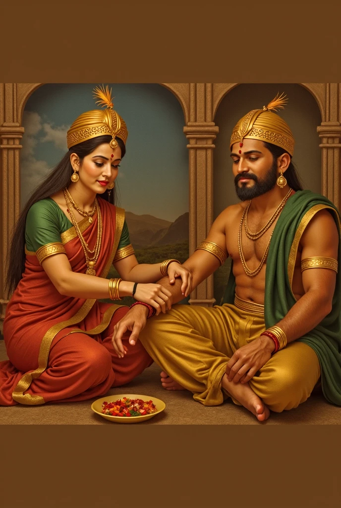 cinematic animated character art, Silhouette of  front view of indian godess of food Annapoorna giving food in a golden plate to a poor male beggar with long hair and rugged look, beggar bowing in respect carrying a wooden stick, godess wearing Gold and red saree, golden jewellery, ancient golden crown, smiling expression, glowing particles in atmosphere, river Ganga in background, early morning, darkness in atmosphere, mysterious vibe, colour graded, vibrant, 4khd