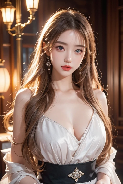 masterpiece, 1 beautiful girl, Delicate eyes, Purebred face_v1, Top quality, Ultra high resolution, (Reality: 1.4), Japanese, Korean, very beautiful, Beautiful skin, slim，Very sexy, (超Reality), (high resolution), (8K), (Very detailed), Delicate face, Bright Lights, Professional lighting, Looking at the audience, Face straight ahead, White bare back see-through antique style dress,big nipples, reddish brown hair, long hair, long hair與辮子, Bangs，Double bun，hair accessories。