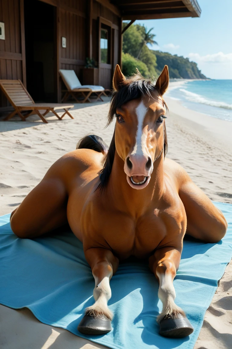 NSFW (nude) (Nami ((human)) large breasts, strip of pubic hair) penis in mouth, deep throat, male furry horse with horse penis, full body, on a deserted beach