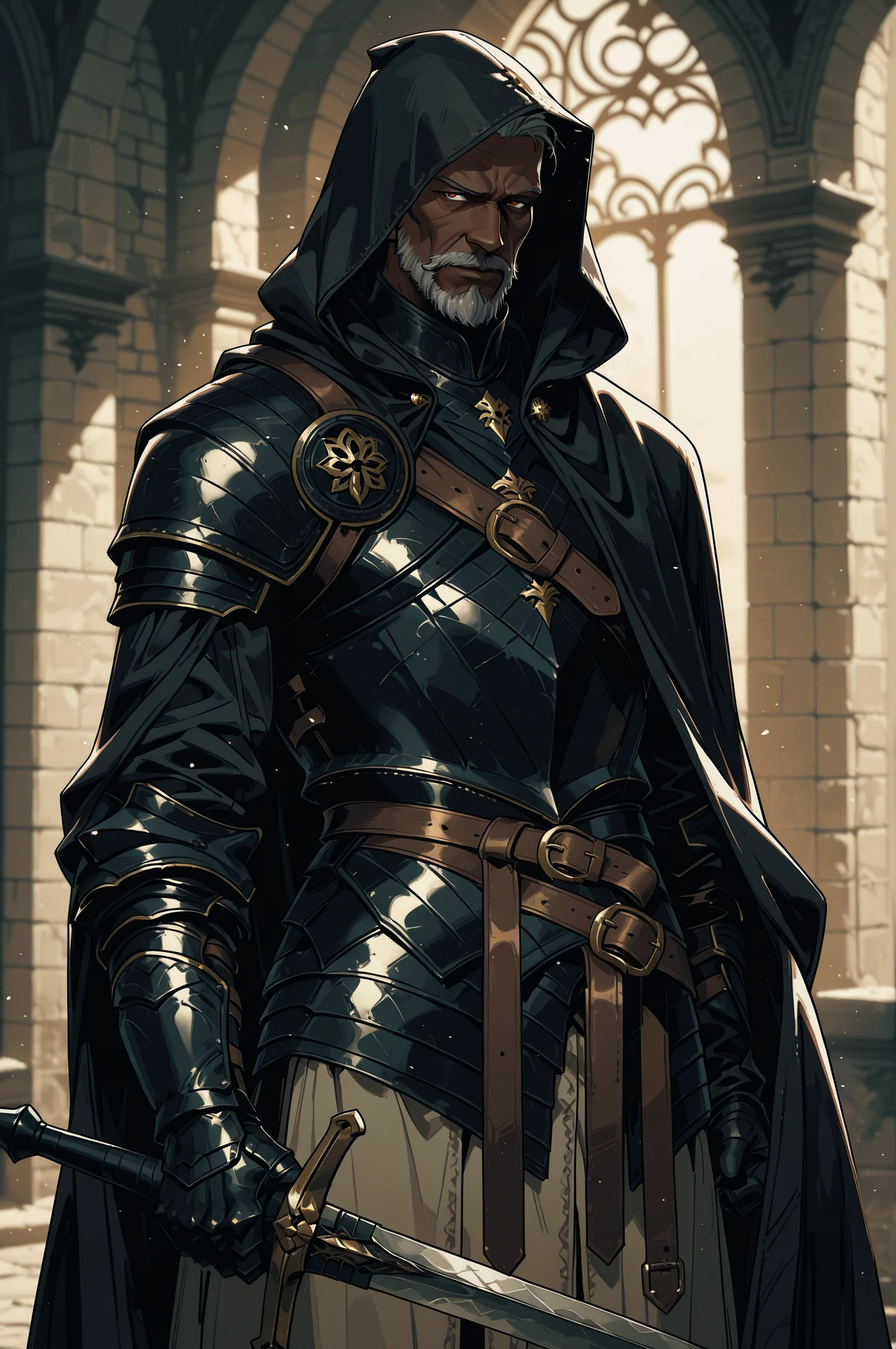 Solo; 1 man, mature man, half_aged man, African skin, wears a hooded cloak that drapes over a black armor, giving off a medieval or fantasy vibe, straps and belts wrap around the waist, securing a sword at their side. The chest area of the garment is notably worn and frayed, a fierce expression, color palette adds depth to the scene, evoking a sense of war and mystery.