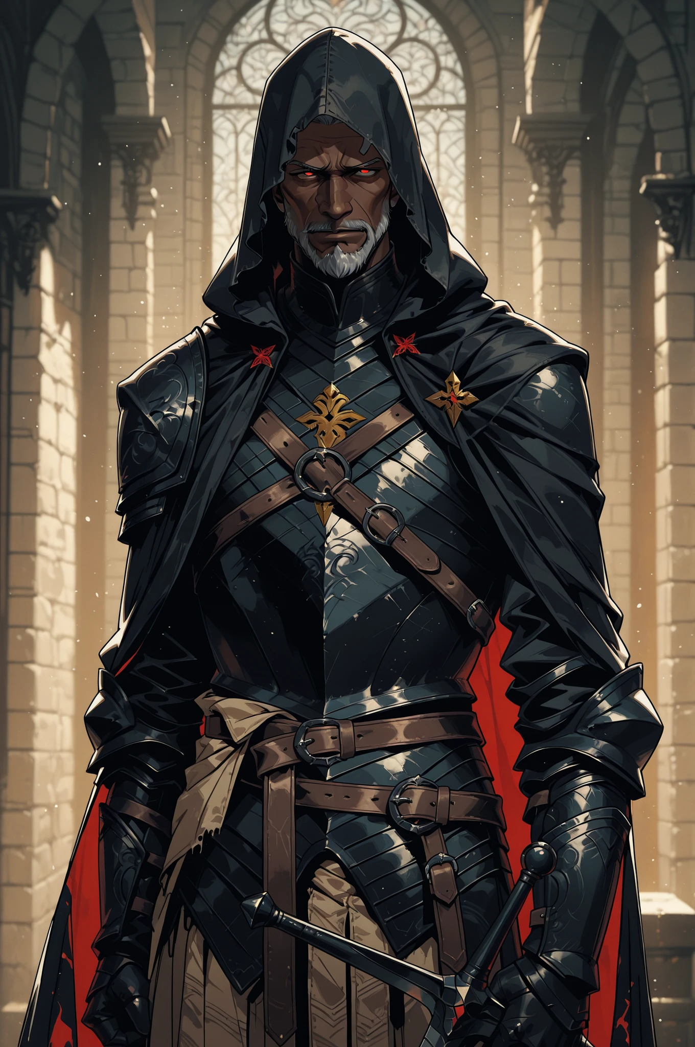 Solo; 1 man, mature man, half_aged man, African skin, wears a hooded cloak that drapes over a black armor, giving off a medieval or fantasy vibe, straps and belts wrap around the waist, securing a sword at their side. The chest area of the garment is notably worn and frayed, a fierce expression, color palette adds depth to the scene, evoking a sense of war and mystery.