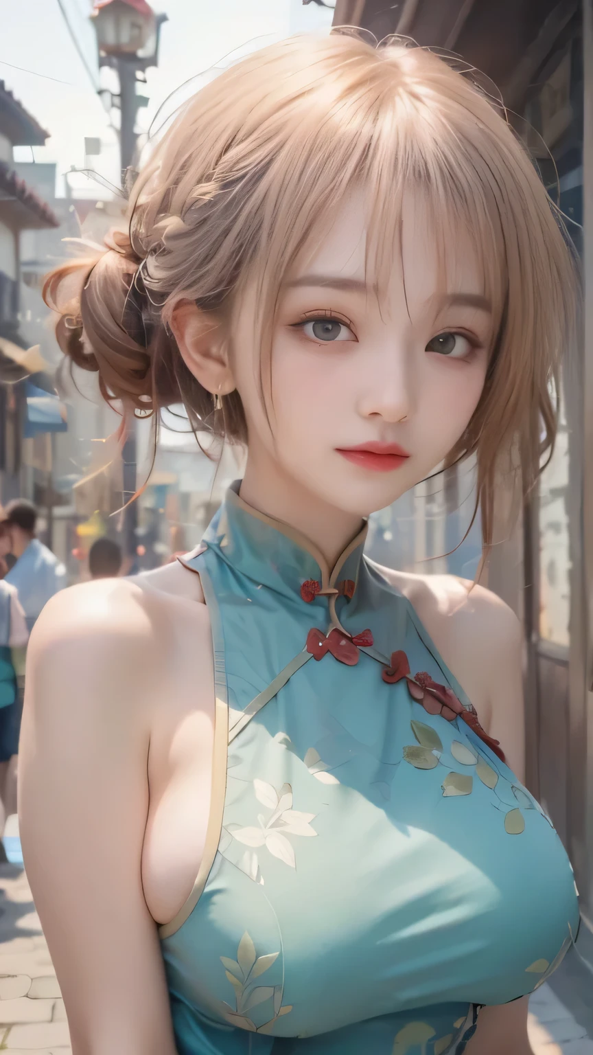 (masterpiece, top quality, best quality)、photoreality、Ultra High Definition、girls, Chinese dress、Stylish、summer, living、Sunshine, high resolution, Super Detailed、(Blush、Staring fascinatingly )、(big breasts、 cleft)、((Messy Hairstyle))、(perfect anatomy)、(Detailed Handshake:1.3, Perfectly Right Hands:1.3)
