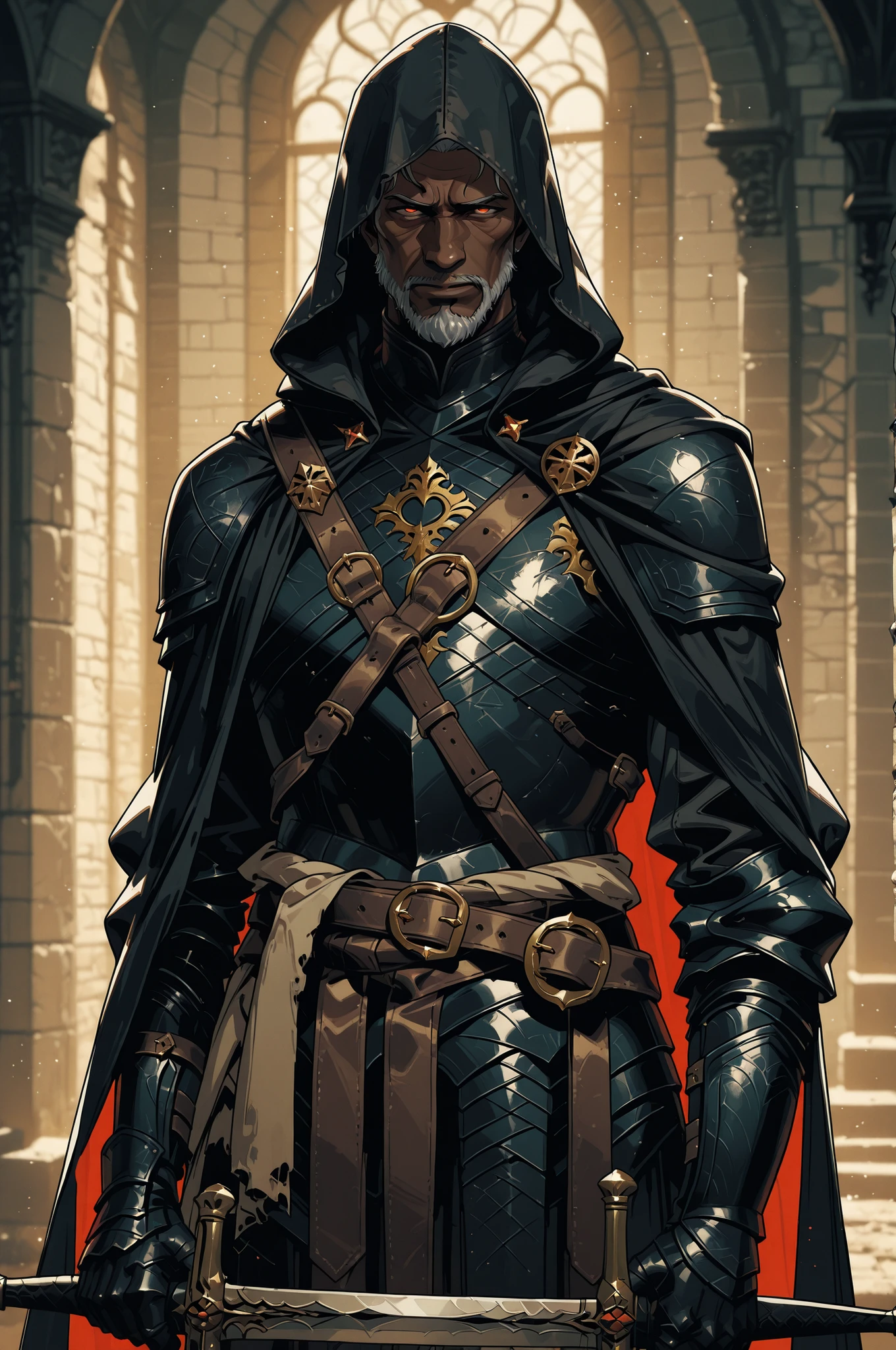 Solo; 1 man, mature man, half_aged man, African skin, wears a hooded cloak that drapes over a black armor, giving off a medieval or fantasy vibe, straps and belts wrap around the waist, securing a sword at their side. The chest area of the garment is notably worn and frayed, a fierce expression, color palette adds depth to the scene, evoking a sense of war and mystery.