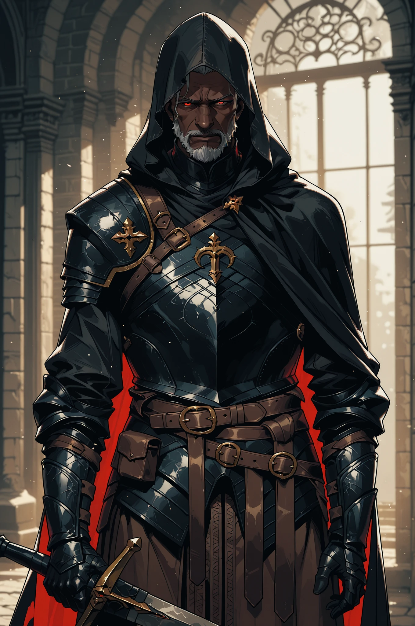 Solo; 1 man, mature man, half_aged man, African skin, wears a hooded cloak that drapes over a black armor, giving off a medieval or fantasy vibe, straps and belts wrap around the waist, securing a sword at their side. The chest area of the garment is notably worn and frayed, a fierce expression, color palette adds depth to the scene, evoking a sense of war and mystery.