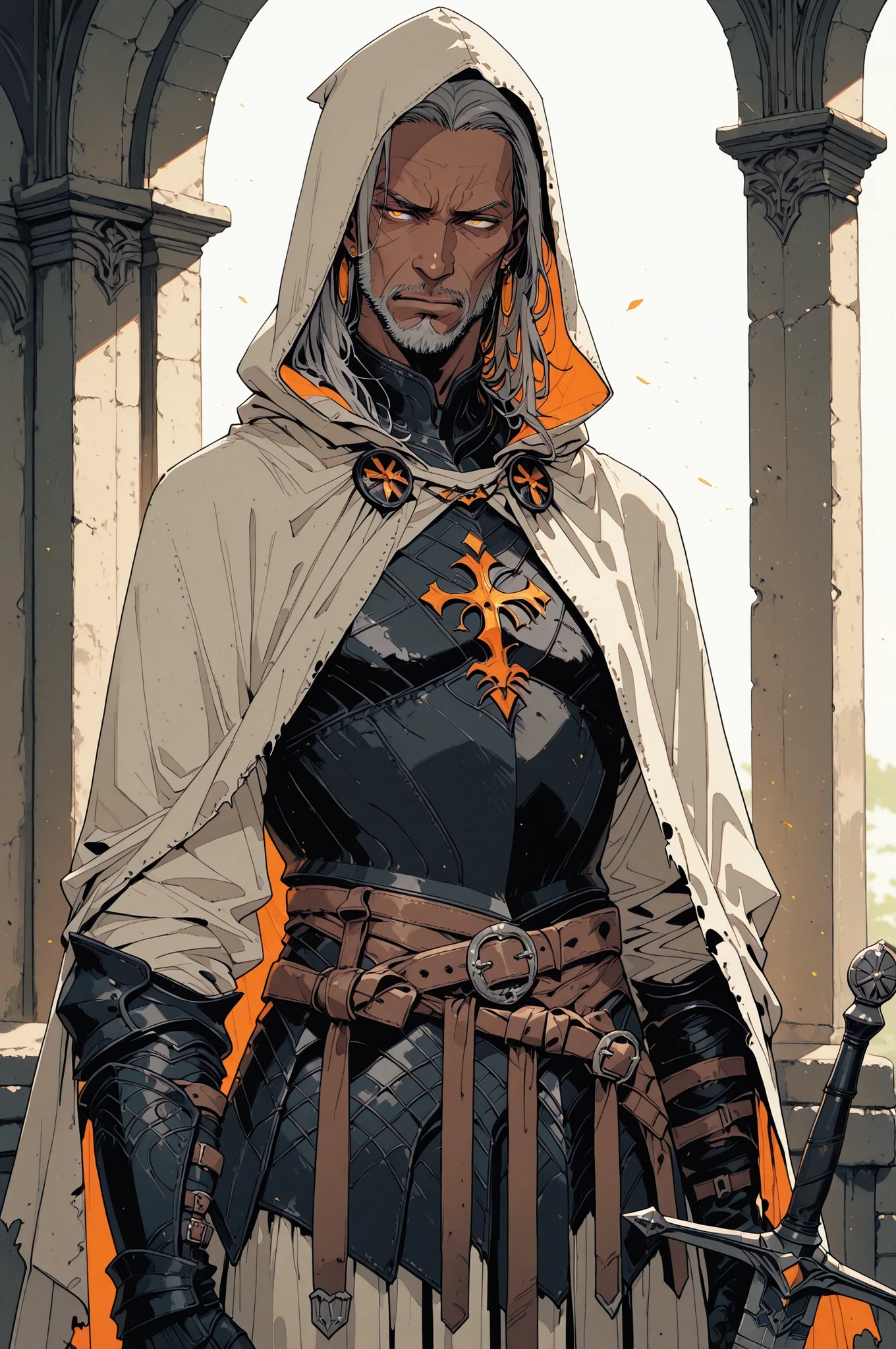 Solo; 1 man, mature man, half_aged man, African skin, wears a hooded cloak that drapes over a black armor, giving off a medieval or fantasy vibe, straps and belts wrap around the waist, securing a sword at their side. The chest area of the garment is notably worn and frayed, a fierce expression, color palette adds depth to the scene, evoking a sense of war and mystery.