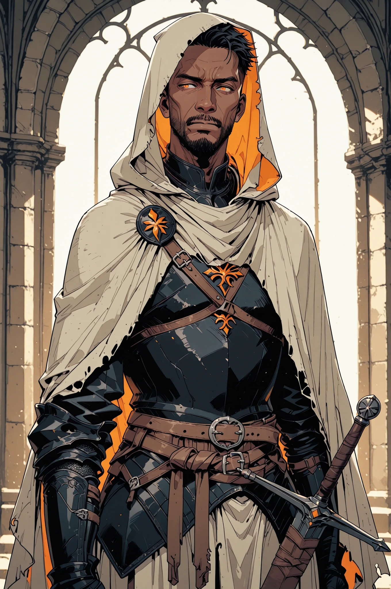 Solo; 1 man, mature man, half_aged man, African skin, wears a hooded cloak that drapes over a black armor, giving off a medieval or fantasy vibe, straps and belts wrap around the waist, securing a sword at their side. The chest area of the garment is notably worn and frayed, a fierce expression, color palette adds depth to the scene, evoking a sense of war and mystery.