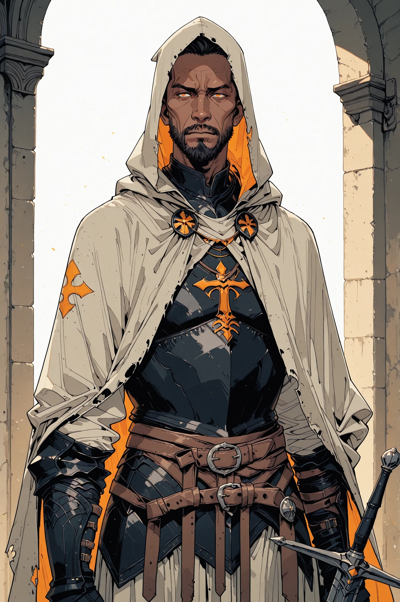 Solo; 1 man, mature man, half_aged man, African skin, wears a hooded cloak that drapes over a black armor, giving off a medieval or fantasy vibe, straps and belts wrap around the waist, securing a sword at their side. The chest area of the garment is notably worn and frayed, a fierce expression, color palette adds depth to the scene, evoking a sense of war and mystery.