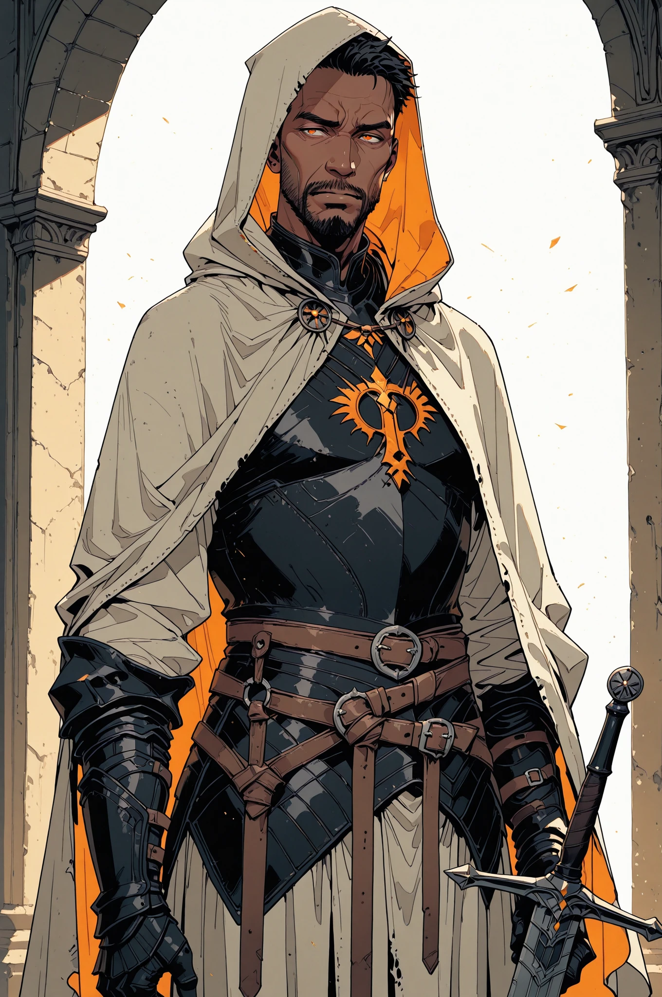Solo; 1 man, mature man, half_aged man, African skin, wears a hooded cloak that drapes over a black armor, giving off a medieval or fantasy vibe, straps and belts wrap around the waist, securing a sword at their side. The chest area of the garment is notably worn and frayed, a fierce expression, color palette adds depth to the scene, evoking a sense of war and mystery.