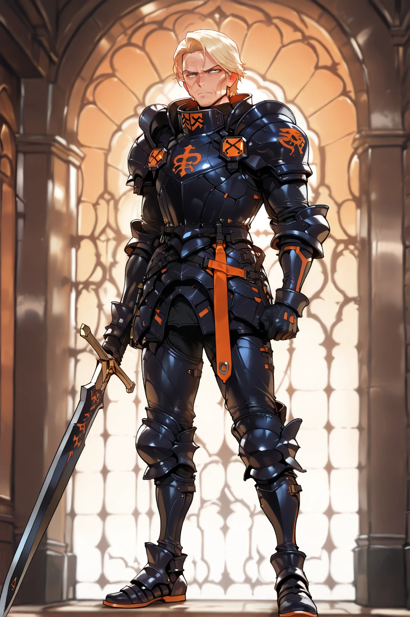 (masterpiece, best quality:1.2), highly detailed, solo, 1 man, mature man, full body , Caucasian face, short blonde hair, toned body, black armor, militar theme, armed with a bastard sword, fierce expression, amazing battalion background, fan art,