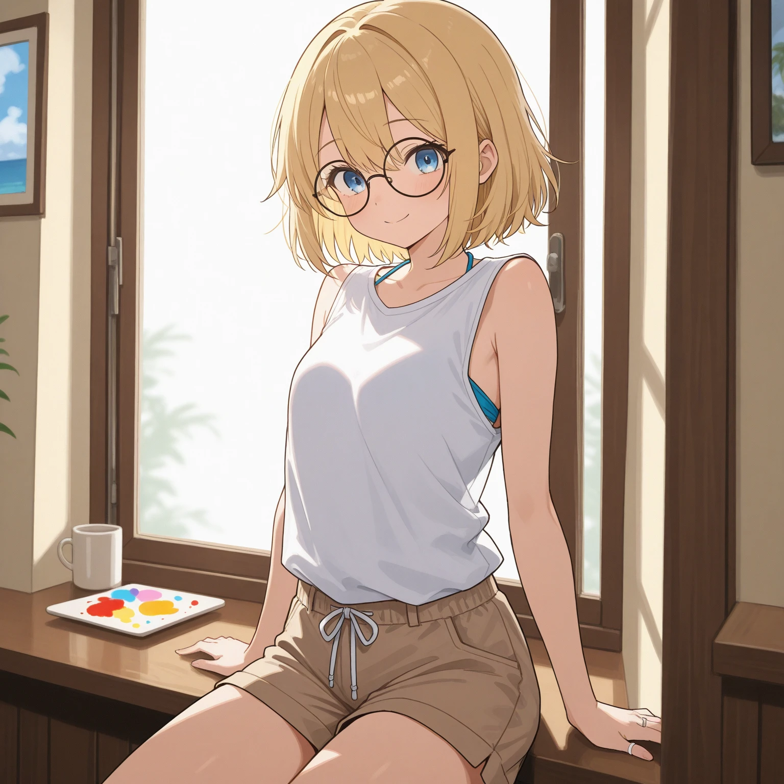 1girl, Sitting in the Japanese living room, at night,medium hair,blonde hair, glasses,blue eyes, Blue t-shirt, white shorts, full body photo,big breast, ultra HD, ultra detail, masterpiece