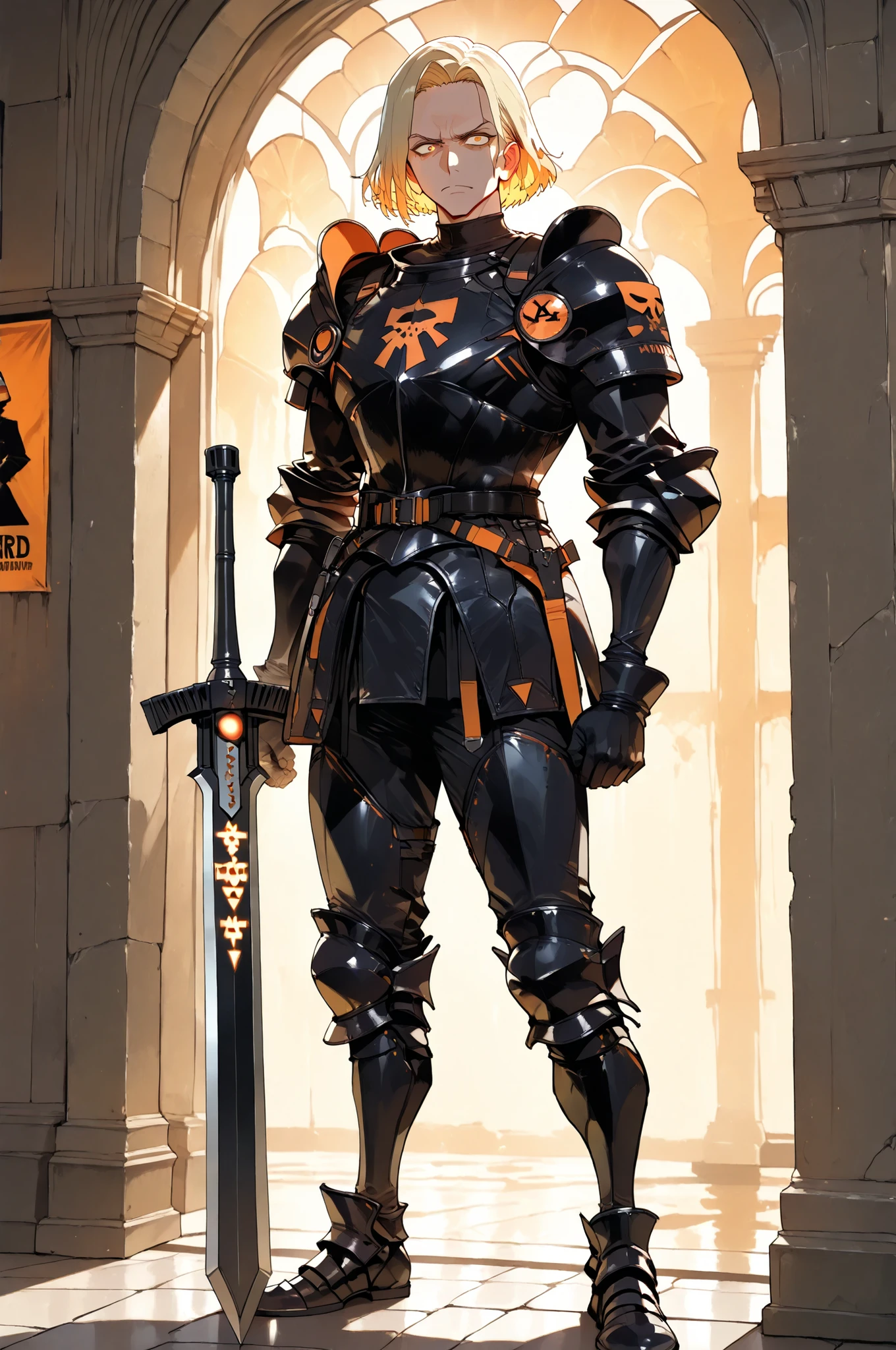 (masterpiece, best quality:1.2), highly detailed, solo, 1 man, mature man, full body , Caucasian face, short blonde hair, toned body, black armor, militar theme, armed with a bastard sword, fierce expression, amazing battalion background, fan art,
