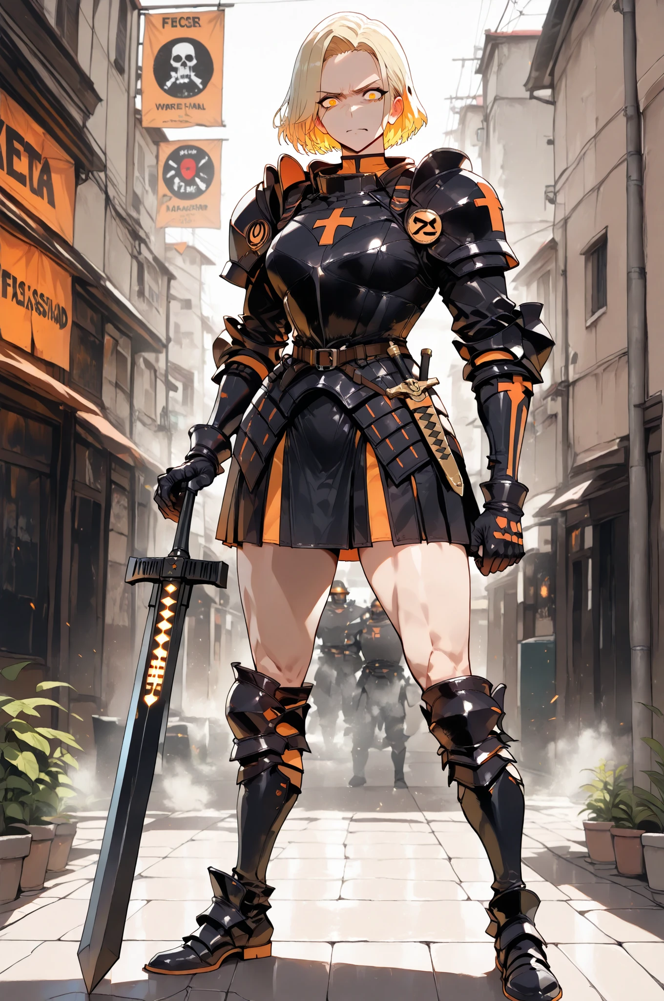 (masterpiece, best quality:1.2), highly detailed, solo, 1 man, mature man, full body , Caucasian face, short blonde hair, toned body, black armor, militar theme, armed with a bastard sword, fierce expression, amazing battalion background, fan art,