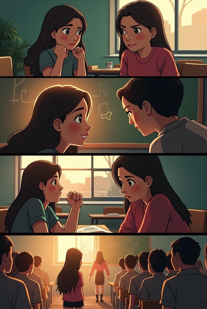 A class of india having full of wooden desks and benches facing towards left side and the right side of the desks and benches having window which had three part and the back side also having a window as the right side window and in the last bench and desk a boy and girl is sitting and looking each other