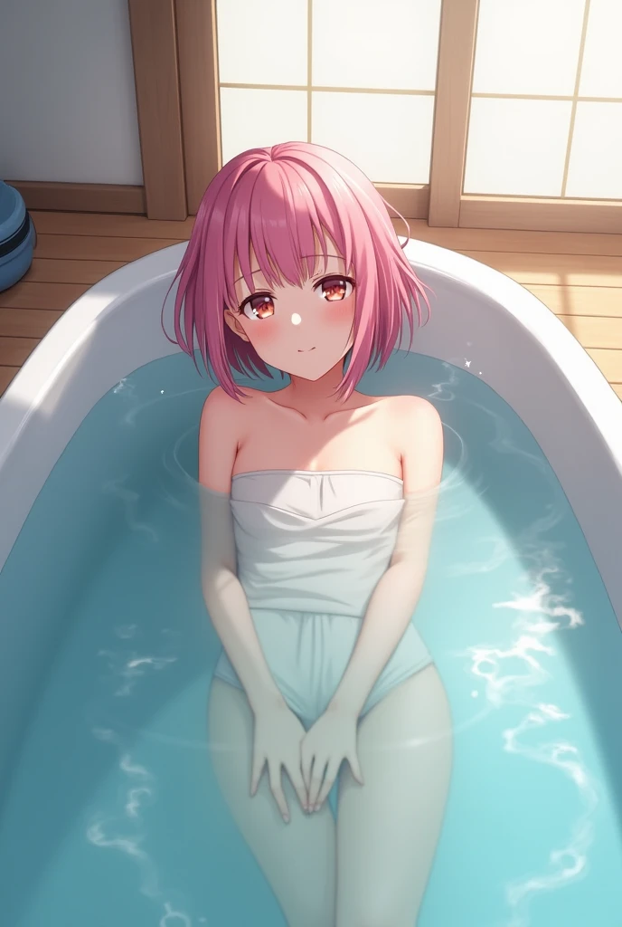 High resolution: 1.7, incredibly ridiculous, cute: 1, cute: 1.5, hires.fix: 1.5, anime visuals: 1, incredibly fine illustrations, crystal clear white skin, asian girl, sensual, full-body, middle school student, (((14 years old)), (hair color pink), cute ponytail, hot spring inn, hide invisible body with reflection of hot water, soaking up to the shoulders, hot flashes, smile, nudity, lots of steam, low angle