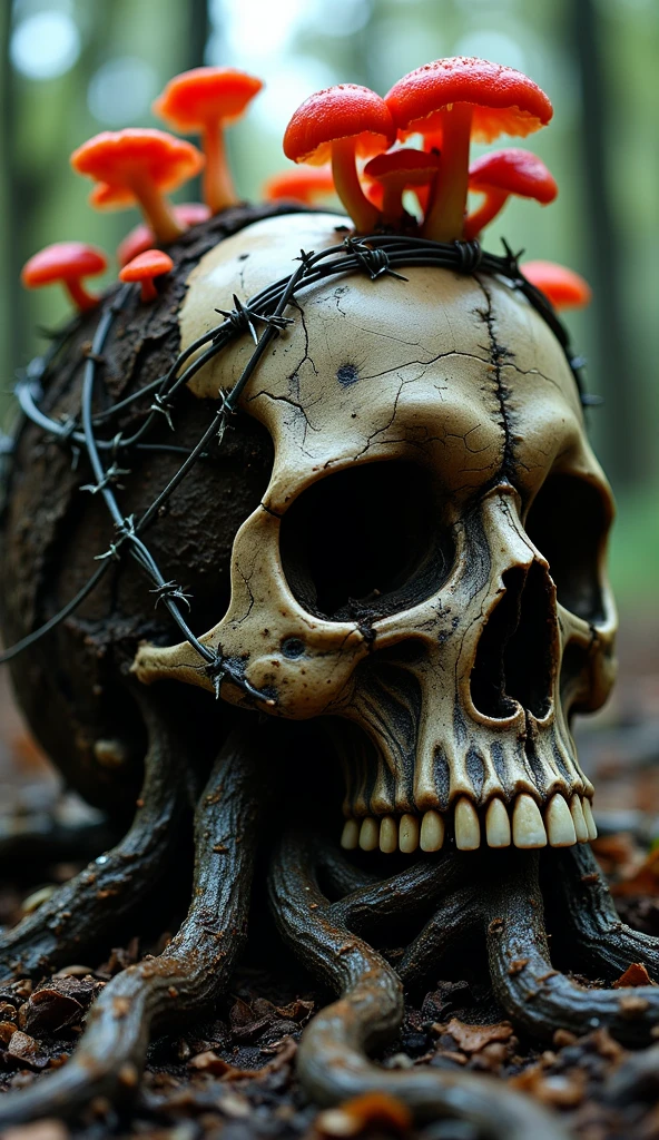 Dark ambient, Intricate Details, Studio Lights, Mystical Ambient, Mechanical, Asymmetric, Mystical Ambient, the result rendered must be made it from parts of the dead human bodies and skulls, skeletons of poisonous vipers and snakes and other reptiles, bones, worldly scum, still life should be surrounding the main objects artwork, horror, evil, hell, murdered innocents and must look very real with a blooded crown of spines, rusted and worn metallic chains and it must transmit the pain of the crucifixion of Jesus Christ, art by Carne Griffiths and Wadim Kashin.