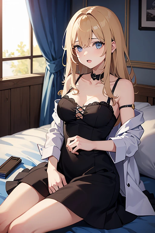 top-quality、Top image quality、​masterpiece、girl with((18year old、White underwear:1.6、Bust 85、a blond、disheveled ponytail、Blue eyes、open chest wide、cleavage of the breast、Happiness、Black wristband on wrist、eye glass、Ear-piercing))、A slender、(((Sleeping on your back:1.4)))、hiquality、visualart、Background with((a bed、darkened room))、masutepiece