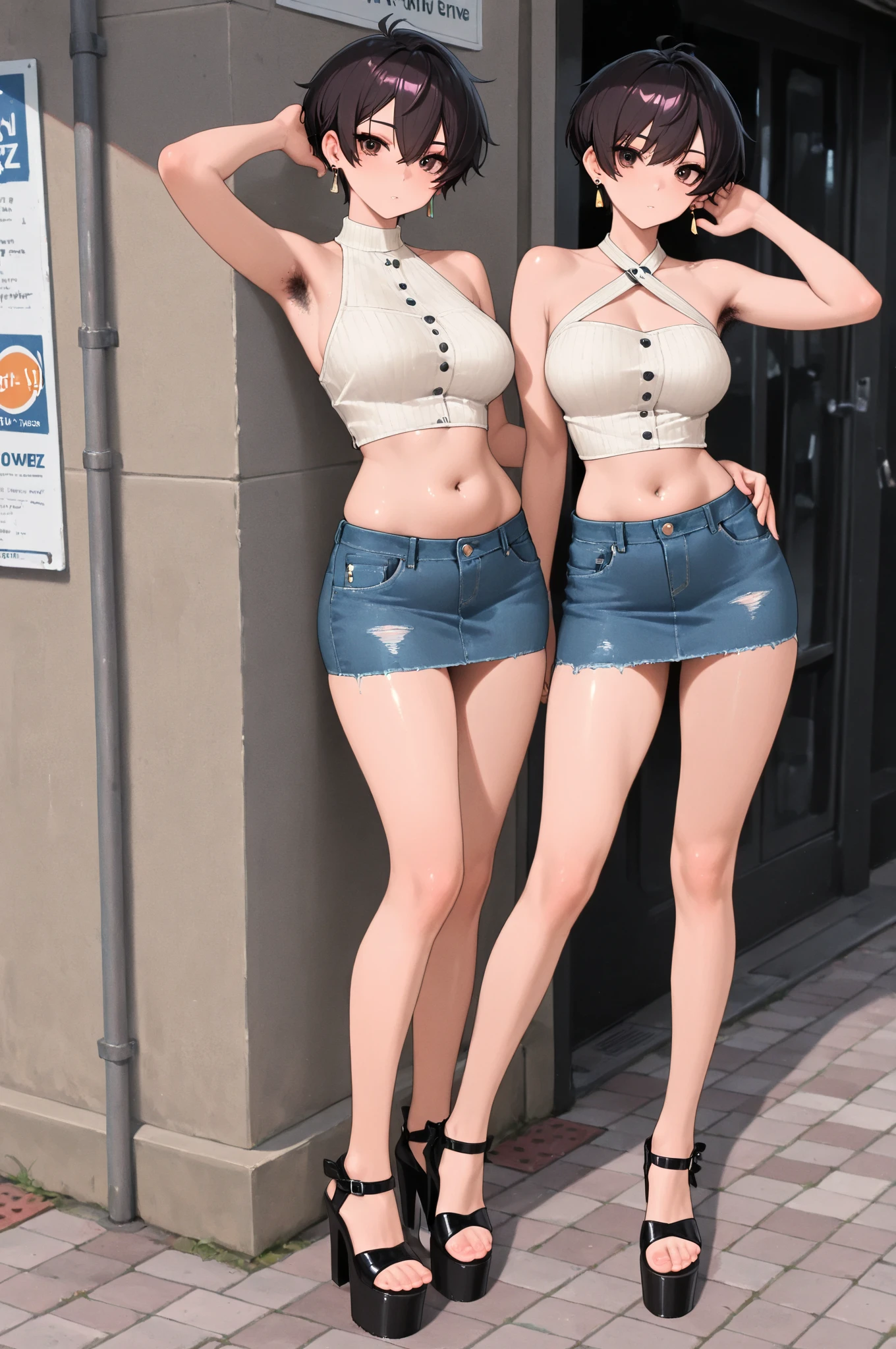 ((Big breasts))), ((Tomboy, small head)), Sunlight, Nikko, (Chiseled abs: 1.1), (Perfect body: 1.1), (Short wavy hair: 1.2), (Short wavy hair: 1.2), Reddish brown hair, collar, chain, full body shot, crowded streets, black tank top, jeans jacket, (Shorts)), (CG 8k wallpaper with very detailed detail), (Very delicate and beautiful), ( masterpiece), (Best Quality: 1.0), (Ultra High Definition: 1.0), Beautiful lighting, perfect lightning, realistic shadows, [High Definition], Detailed skin, Ultra detailed