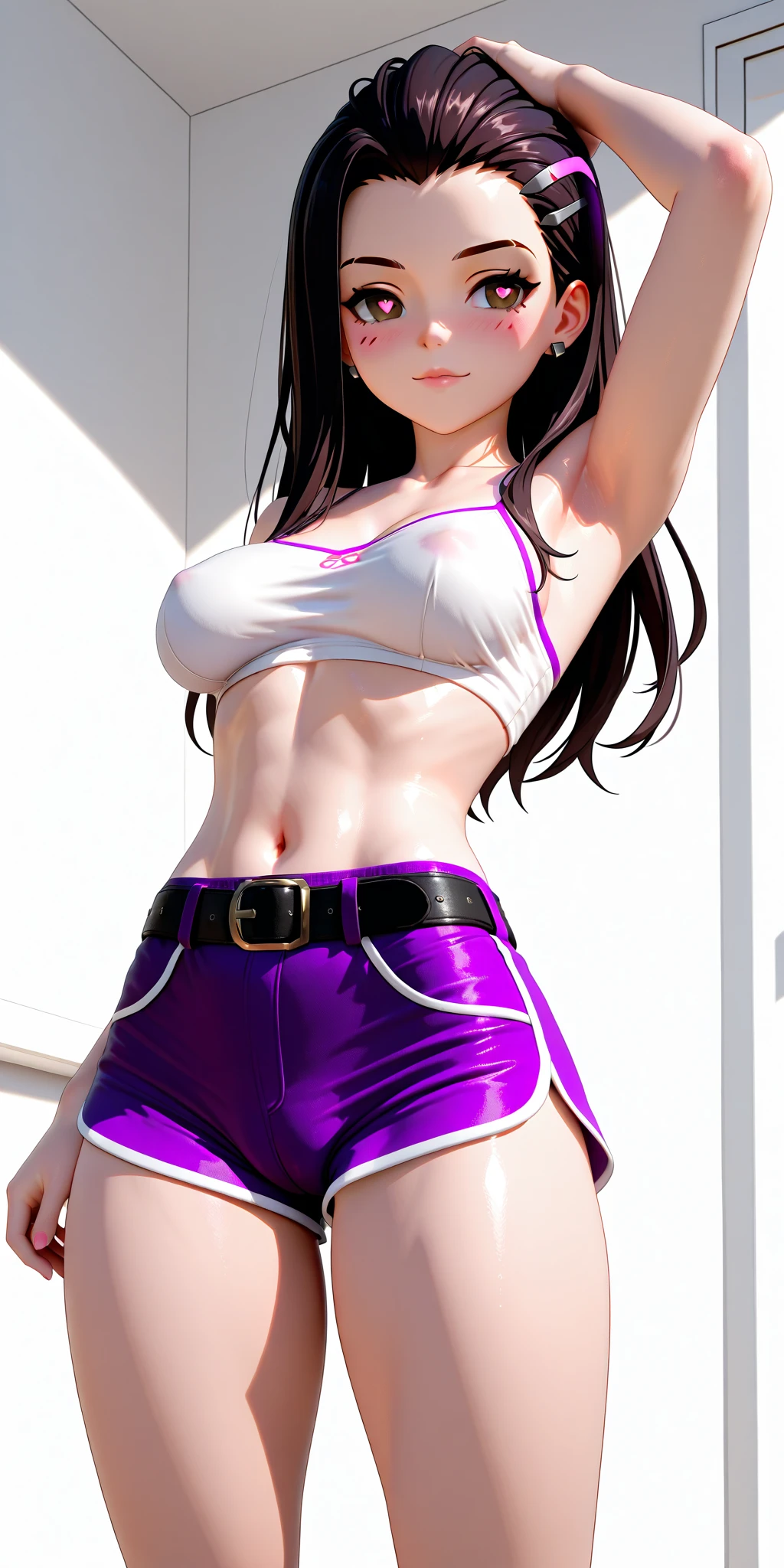 realistic, 1 women, best quality, 12k, HD, long hair, big round breasts, cleavage, ponytail, necklace, jewelry, shorts, short jacket, slim hips, hair tie, yellow eyes, black hair, super detailed, Eye details, hair details, person details, mouth details, face details, breast details, clothes details, hair details, pants details, hand details, whole body