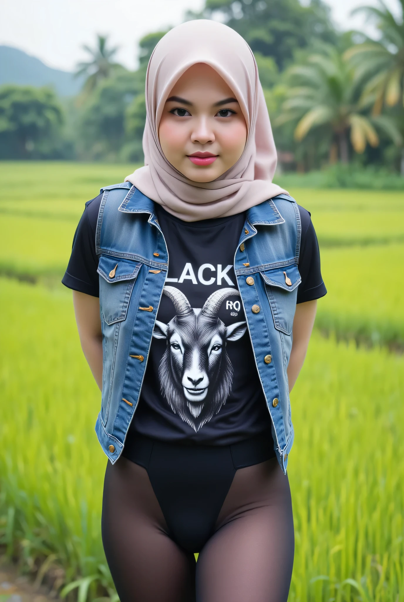 The angry face expression! Just Front photo, wear a loose drop Looks like a little rubber panties pastel translucent (black) leggings closed my center, Tetek besar melayut, hijab hijab hijab hijab, (photorealistic:1.6), background rice paddy. daytime atmosphere, don't put any rope! flat chest!, duduk di atas kerusi kaca, hands behind back while legs astride, view from front, wearing short t-shirt 'Black Metal' Goat devil logo print & mini unbuttone vest denim.