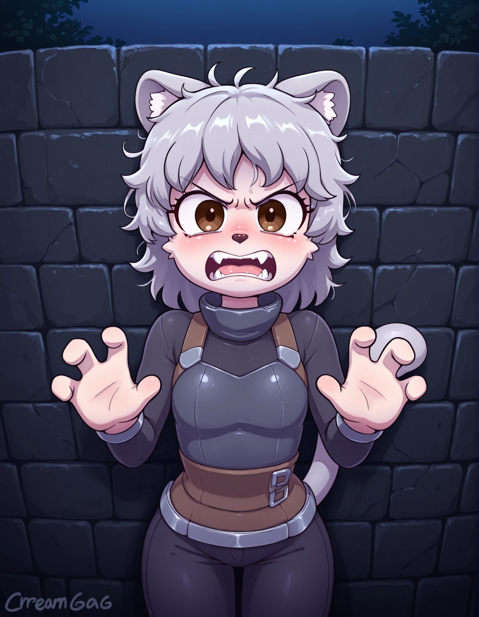 creamgag,, 1girl, petite, (skinny and frail:0.7), cat girl, against wall, stone wall, brown eyes,looking at viewer, grey hair, medium hair, messy hair, angry, (scared:0.4), (open mouth:0.5), fangs, hands up, (tearing up:0.5), tail raised, torn clothes, straight-on, dark, night, outdoors, masterpiece,best quality, amazing quality,