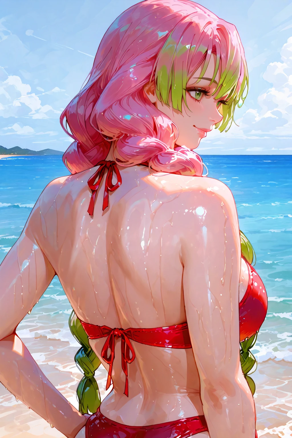 (nsfw,)(((chiyoda momo,pink hair,green eyes,hairclip,hair ornament))),((solo girl)),((Perfect body,))((Super beautiful,))((High quality,))((Heavy breathing,sweat, Sweaty and wet all over,)),backlit,shiny glossy,small breast, Looking at Viewer,((Beach side,sexual swimsuit, cowboy shot,)),shyly,nipple,After sunburn,((Turning your back to me, sticking out your butt,))